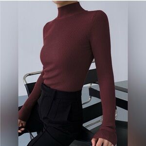 Commense - Mock Neck Rib Long Sleeve Knit Top